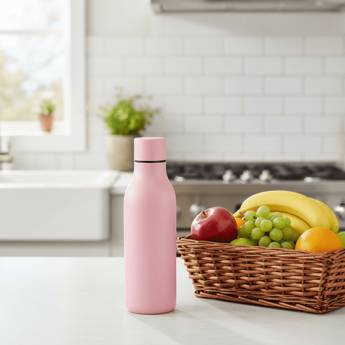 Emily Bottle – 550ml Thermal Drink Bottle - A pink thermal drink bottle is placed on a kitchen countertop beside a basket of fresh fruit.