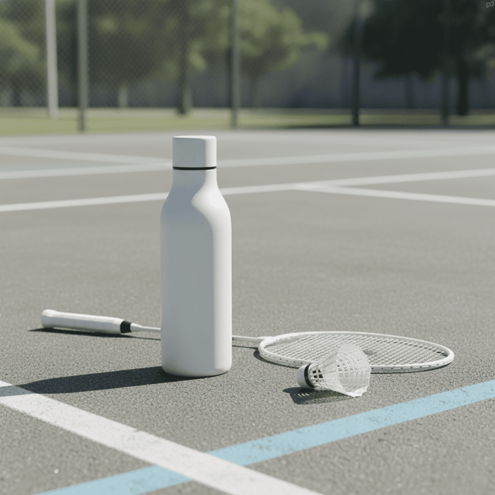 Emily Bottle – 550ml Thermal Drink Bottle - A drink bottle in white rests on a tennis court beside a racquet and shuttlecock. It features a logo.