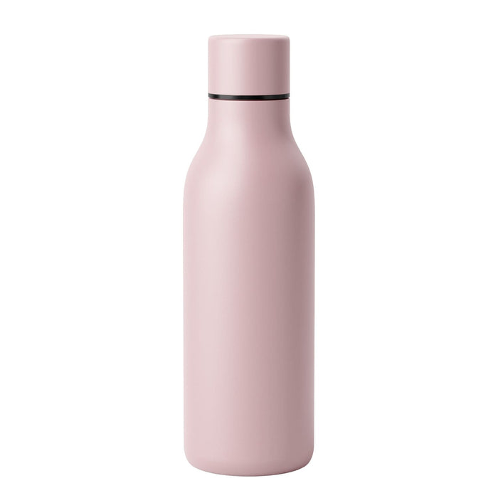 Emily Bottle – 550ml Thermal Drink Bottle - A drink bottle in a soft pink colour with a sleek design and a black band near the top. It features a logo.