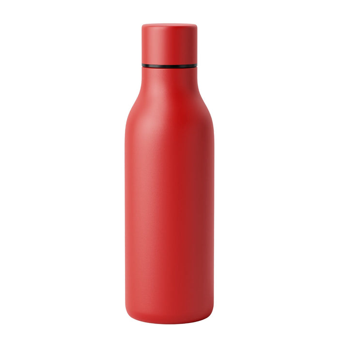 Emily Bottle – 550ml Thermal Drink Bottle - A drink bottle in vibrant red, featuring a sleek design and a black band around the neck. It has a logo on the side.