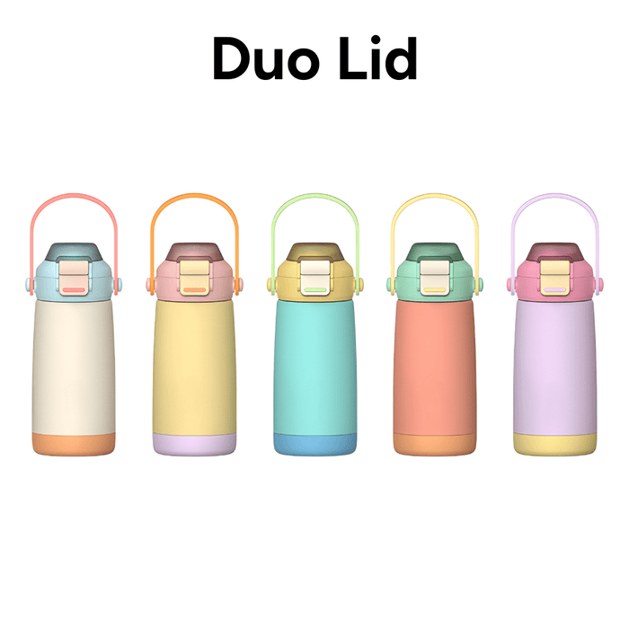 Pulse 420ml Stainless Steel Kids Metal Bottle - A drink bottle collection featuring pastel colours with a duo lid design. Each bottle has a handle and a logo.