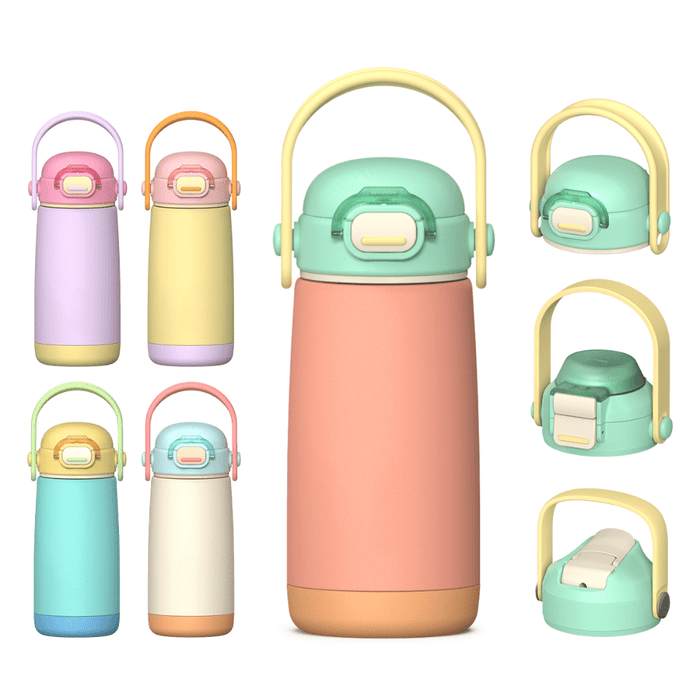 Pulse 420ml Stainless Steel Kids Metal Bottle - A drink bottle in pastel colours including pink, yellow, and mint green, featuring a handle and a logo.