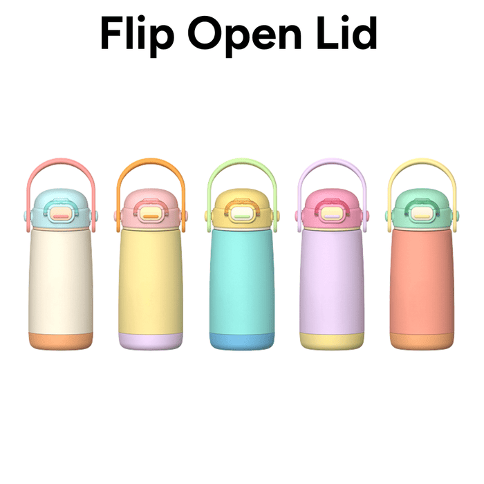 Pulse 420ml Stainless Steel Kids Metal Bottle - A drink bottle collection featuring five pastel-coloured stainless steel bottles with flip open lids and a logo.