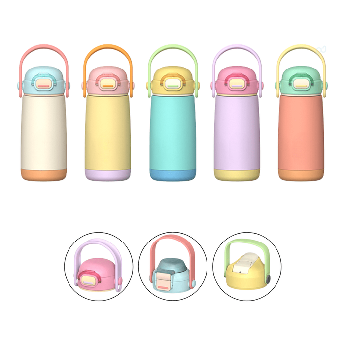 Pulse 420ml Stainless Steel Kids Metal Bottle - A drink bottle set featuring five pastel-coloured stainless steel bottles with removable lids and handles. Each bottle has a logo.