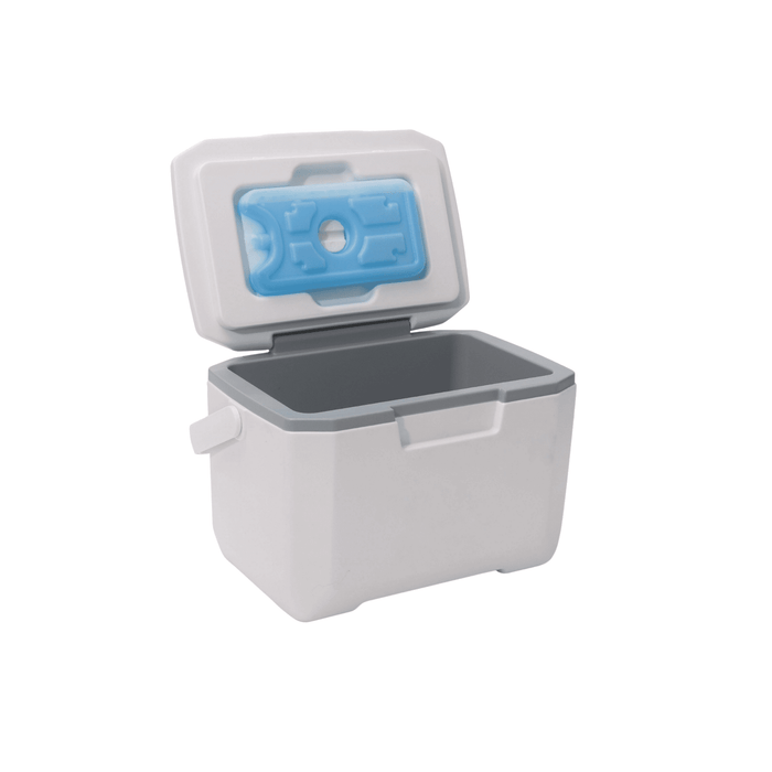 6L Cooler Box - A white 6L cooler box with a grey rim and an open lid, featuring a blue ice pack inside.