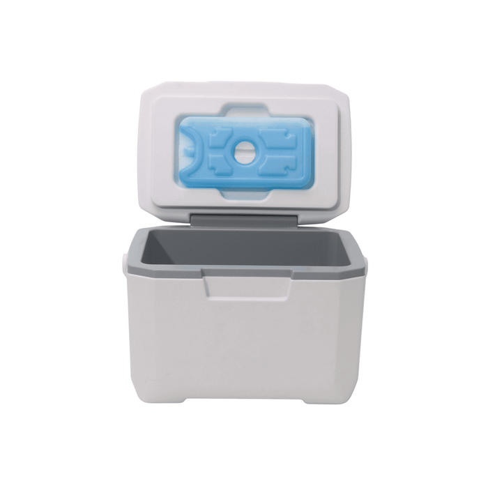 6L Cooler Box - A 6L cooler box in white with a grey interior and a blue ice pack inside. It has a lid that opens from the top.