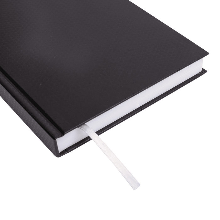 Penguin A5 Day to Day Diary - A black A5 diary features a smooth cover and a white ribbon bookmark. It has a sleek, modern design.