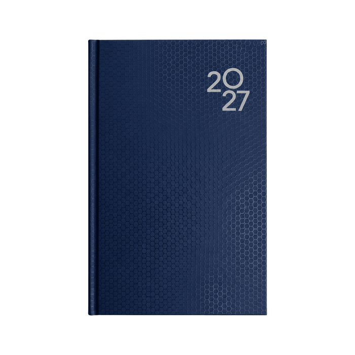 Penguin A5 Weekly Diary - A navy blue A5 day-to-day diary featuring a textured pattern and a year indicator on the cover, along with a logo.