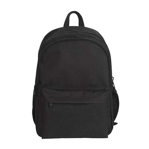 Field Backpack - A black backpack featuring a main compartment, front pocket, and side mesh pocket. It includes a logo.