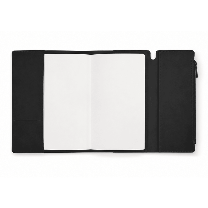 Executive Soft-Touch PU Leather Notebook - A black executive soft-touch PU leather notebook featuring a blank interior and a pocket for storing items.