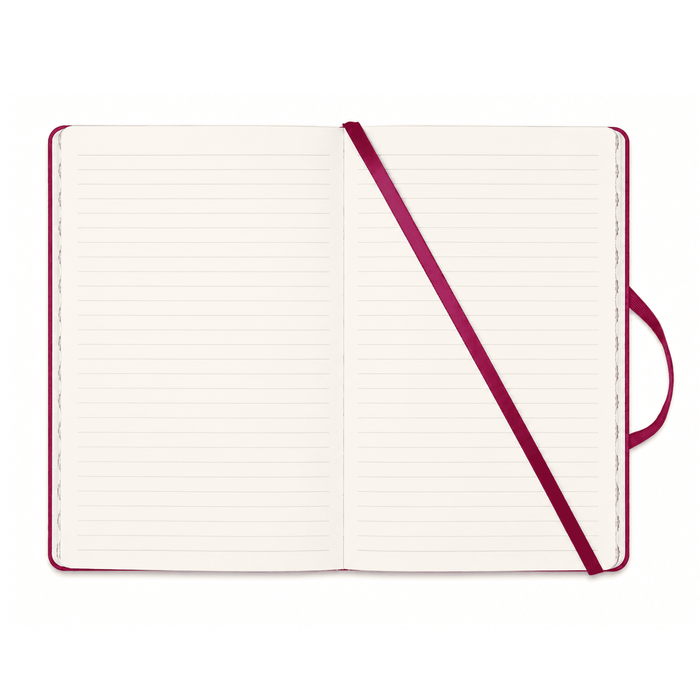 Sandbeach Textured PU Hard Cover Notebook - A textured red PU hard cover notebook with lined pages and a ribbon bookmark. It features a matching strap and branding.