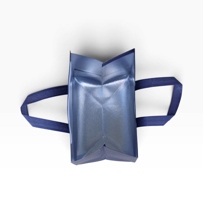 8L Insulated Reusable Bag - An insulated reusable bag in blue with two handles, displayed from a top-down view.