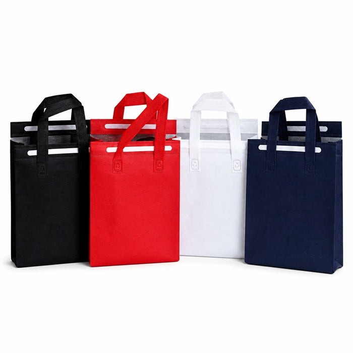 8L Insulated Reusable Bag - A set of four insulated reusable bags in black, red, white, and navy, each with two handles and a logo.