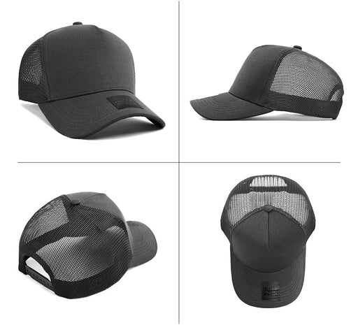 Cotton/Mesh - A black cotton and mesh cap with a curved brim and a logo on the front. It features a mesh back for ventilation.