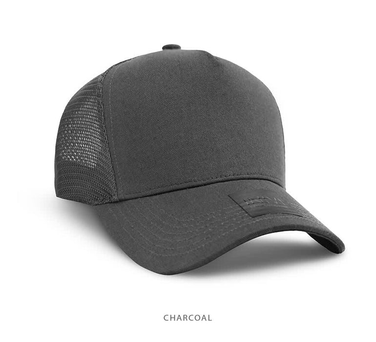 Cotton/Mesh - A charcoal cap with mesh sides and a logo, designed as part of the headwear collection.