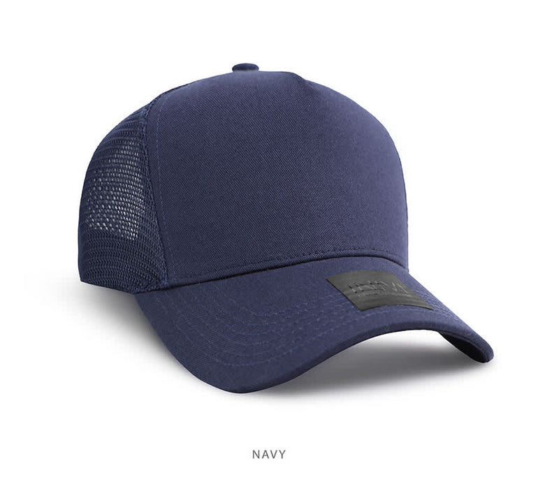 Cotton/Mesh - A navy cap made of cotton and mesh featuring a logo on the front.