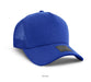 Cotton/Mesh - A royal blue cap with a mesh back and a logo on the front.