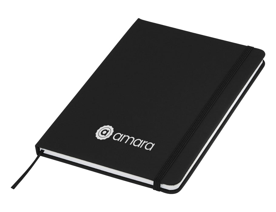 Essentials A5 Notebook - A black A5 notebook with a ribbon bookmark and an elastic band, featuring a logo on the front cover.