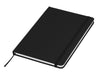 Essentials A5 Notebook - A black A5 notebook with a smooth cover, elastic closure, and a ribbon bookmark. It features a logo.