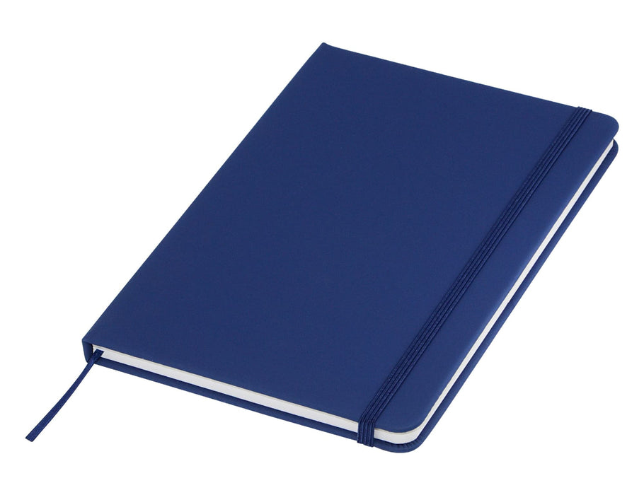Essentials A5 Notebook - A navy blue A5 notebook with a soft cover, elastic band closure, and a ribbon marker. It has one logo on the front.