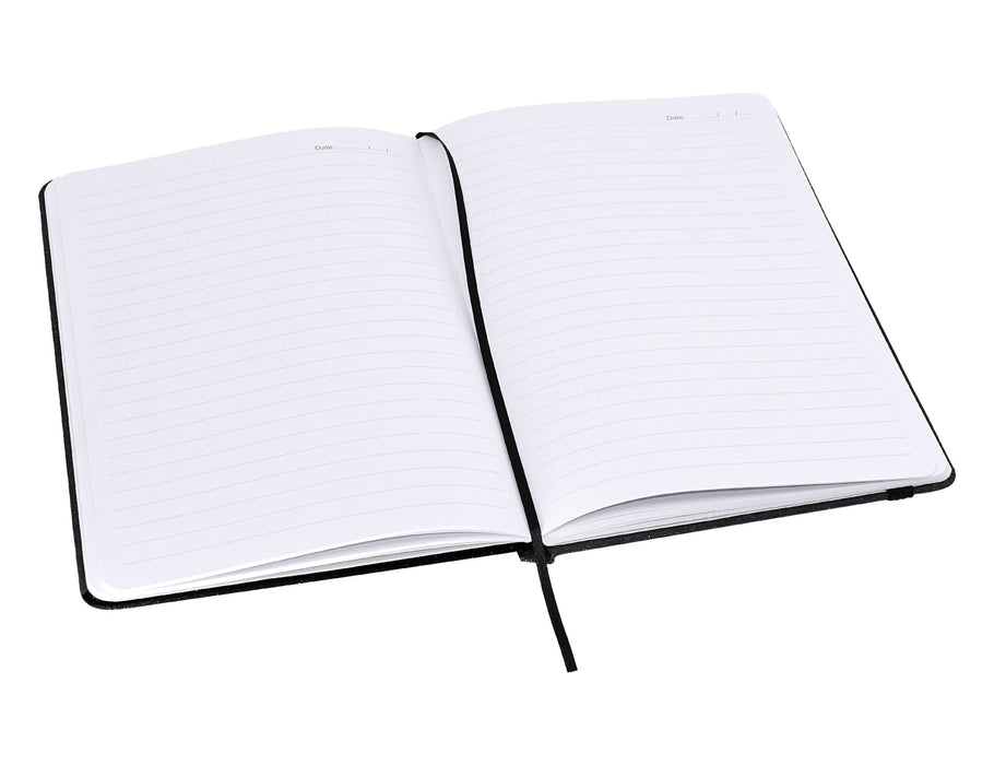 Essentials A5 Notebook - An A5 notebook with a black cover and blank lined pages, opened to display its interior.
