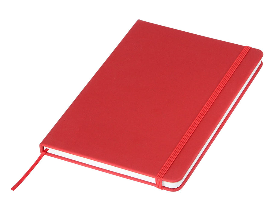 Essentials A5 Notebook - A red A5 notebook with a ribbon bookmark and an elastic closure, featuring a plain cover and a logo.