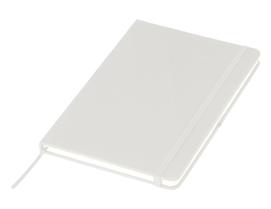 Essentials A5 Notebook - A white A5 notebook with a textured cover, an elastic band, and a ribbon bookmark. Features a logo on the cover.