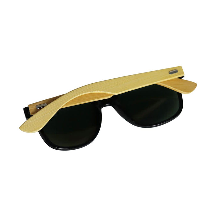 Sunglasses Bamboo (Coated) - Sunglasses with black lenses and a bamboo-coated frame, featuring a logo on one side.