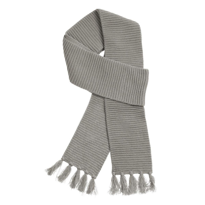 Ruga Knit Scarf - A soft, light grey knit scarf with a textured pattern and fringed ends. It features a logo.