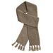 Ruga Knit Scarf - A Ruga Knit Scarf in a muted olive green shade, featuring textured ribbing and fringe details.