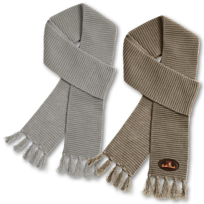 Ruga Knit Scarf - A pair of Ruga Knit Scarves in light grey and olive green, featuring a branded logo and fringed ends.