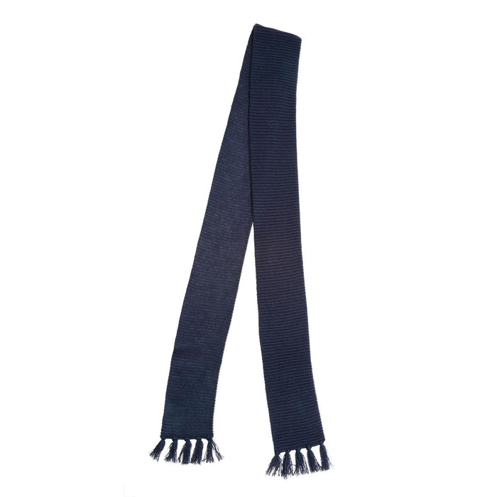 Ruga Knit Scarf - A navy knitted scarf with fringed ends and a textured design, featuring a brand logo.