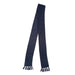 Ruga Knit Scarf - A navy knitted scarf with fringed ends and a textured design, featuring a brand logo.