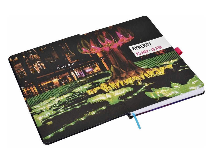 Designa Symphony A5 Notebook - A soft-touch A5 notebook with a vibrant cover design featuring colours of green, pink, and black, plus a bookmark.