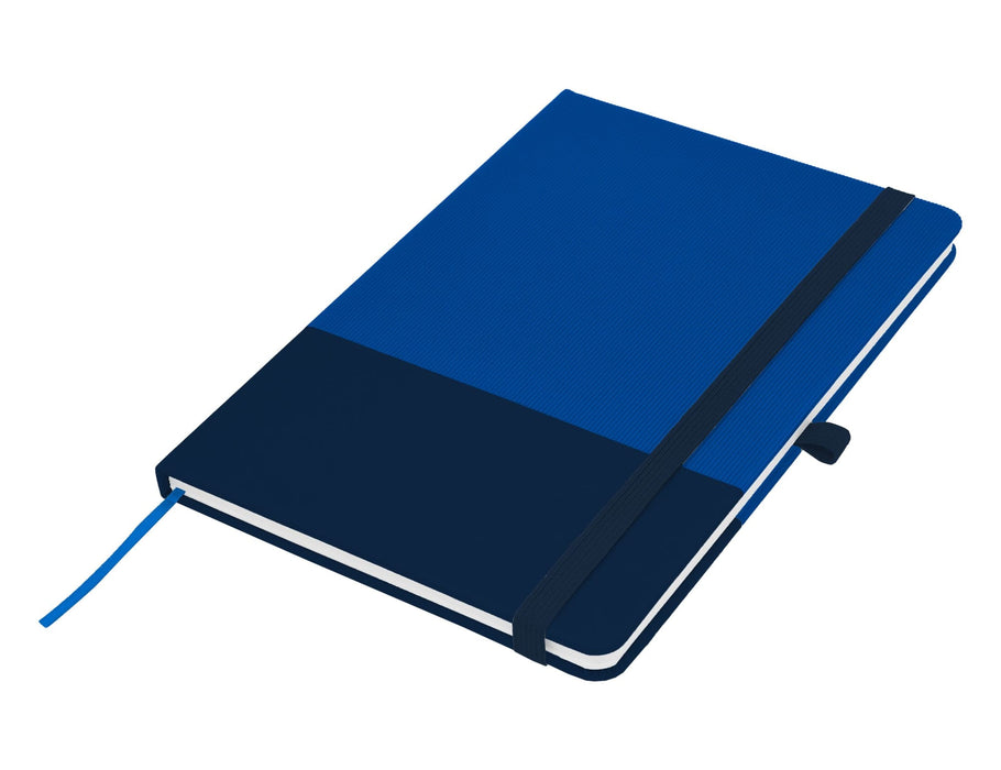 Designa Breeze A5 Notebook - A navy and blue A5 notebook with an elastic band closure and a ribbon bookmark. It features a logo on the cover.