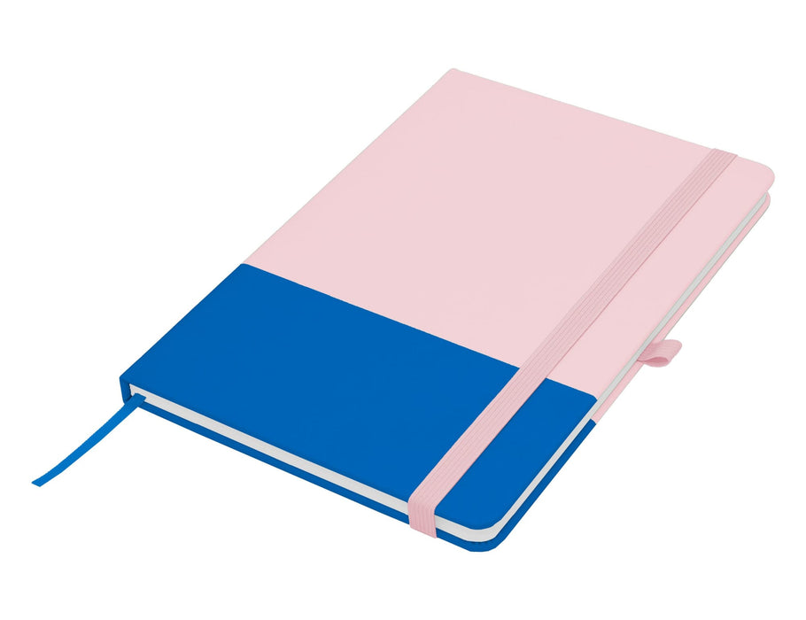 Designa Breeze A5 Notebook - A pink and blue A5 notebook with a ribbon bookmark and an elastic closure. It features a branding logo.