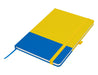 Designa Breeze A5 Notebook - A blue and yellow A5 notebook with a ribbon bookmark and an elastic closure, featuring a logo on the cover.