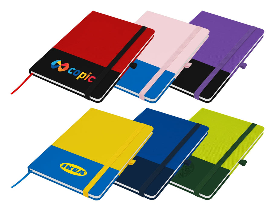 Designa Breeze A5 Notebook - A collection of A5 notebooks in red, black, pink, purple, yellow, navy, and green, each with an elastic band and logos.