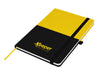 Designa Symphony A5 Notebook - A notebook featuring a black and yellow design, with a branded logo and an elastic closure.