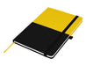 Designa Symphony A5 Notebook - A notebook in black and yellow design, featuring an elastic band and a ribbon marker. Includes a logo on the cover.