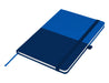 Designa Symphony A5 Notebook - A blue A5 notebook with a two-tone design, featuring a ribbon bookmark and an elastic closure. It has a logo on the cover.