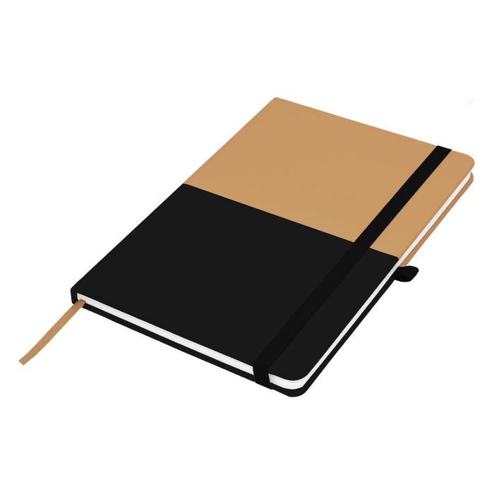 Designa Symphony A5 Notebook - A A5 notebook featuring a black and tan colour scheme, secured with an elastic band and including a bookmark ribbon.