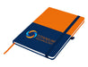 Designa Symphony A5 Notebook - A notebook with an orange and navy blue cover, featuring a logo and an elastic band closure.