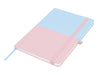 Designa Symphony A5 Notebook - A pink and blue A5 notebook with an elastic band closure and a ribbon bookmark. It features a logo on the cover.