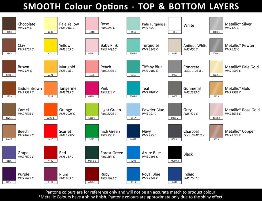 Designa Breeze A5 Notebook - A colour chart displaying various options for the Designa Symphony A5 Notebook, featuring smooth and metallic shades.