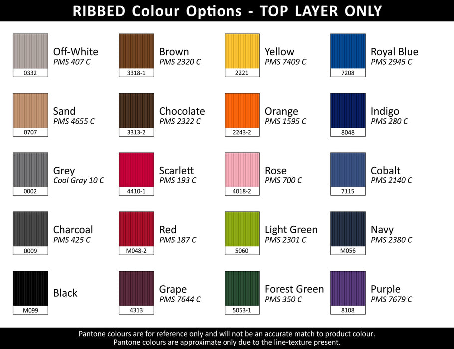 Designa Symphony A5 Notebook - A colour chart displaying ribbed options for a product, featuring various shades like Off-White, Brown, Royal Blue, and more.
