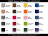 Designa Symphony A5 Notebook - A colour chart displaying ribbed options for a product, featuring various shades like Off-White, Brown, Royal Blue, and more.