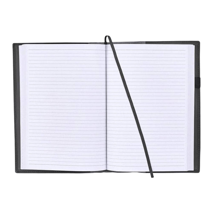 Mela Apple Leather Refillable Journal - A refillable journal with a black leather cover, featuring lined pages and a ribbon bookmark.
