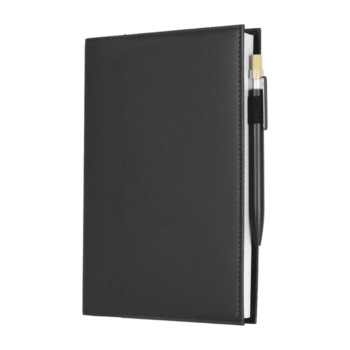 Mela Apple Leather Refillable Journal - A black leather refillable journal with a pen attached, featuring a smooth cover and visible stitching.