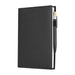 Mela Apple Leather Refillable Journal - A black leather refillable journal with a pen attached, featuring a smooth cover and visible stitching.
